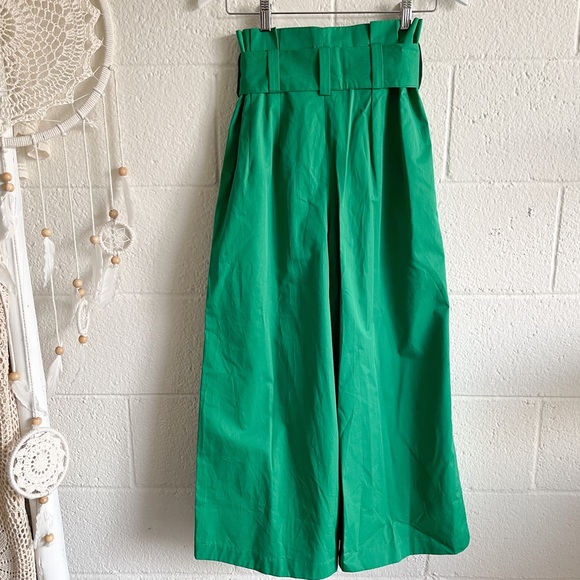 NWT Zara Green Cotton High Waist Belt Wide Leg Pants - Picture 9 of 13